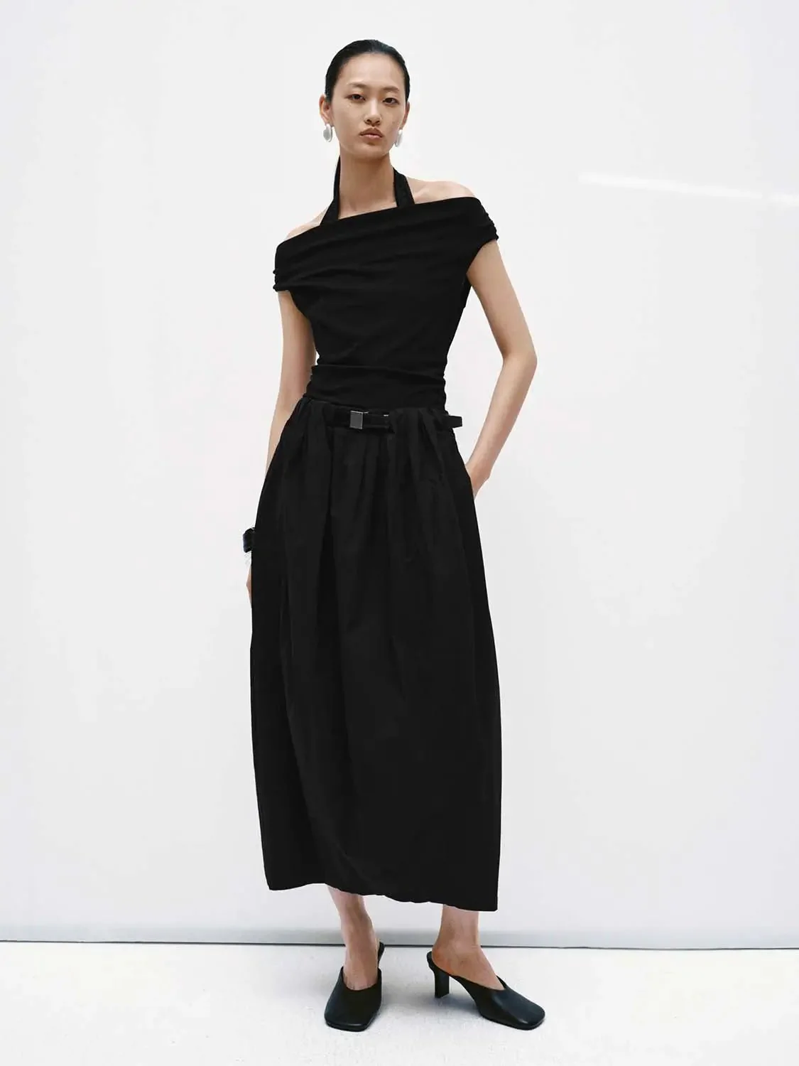 Cotton Halter Cowl Neck Ruched Aline Midi Dresses