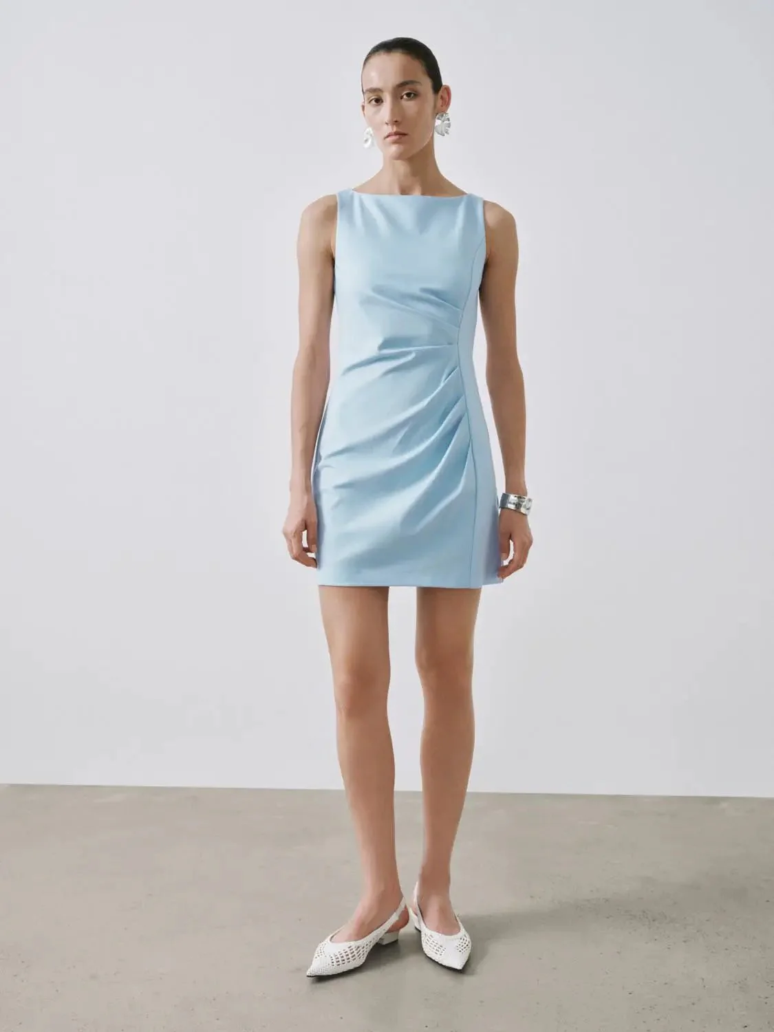 12202-ruched-boat-neck-sleeveless-aline-dress-with-stretch-dresses-5.webp Ruched Boat Neck Sleeveless Aline Dress With Stretch Dresses