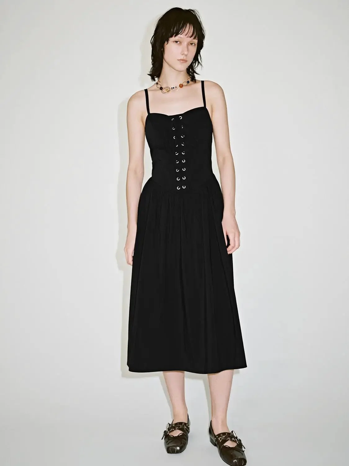Chic Cotton Blend Lace-Up Strappy A-Line Midi Dress