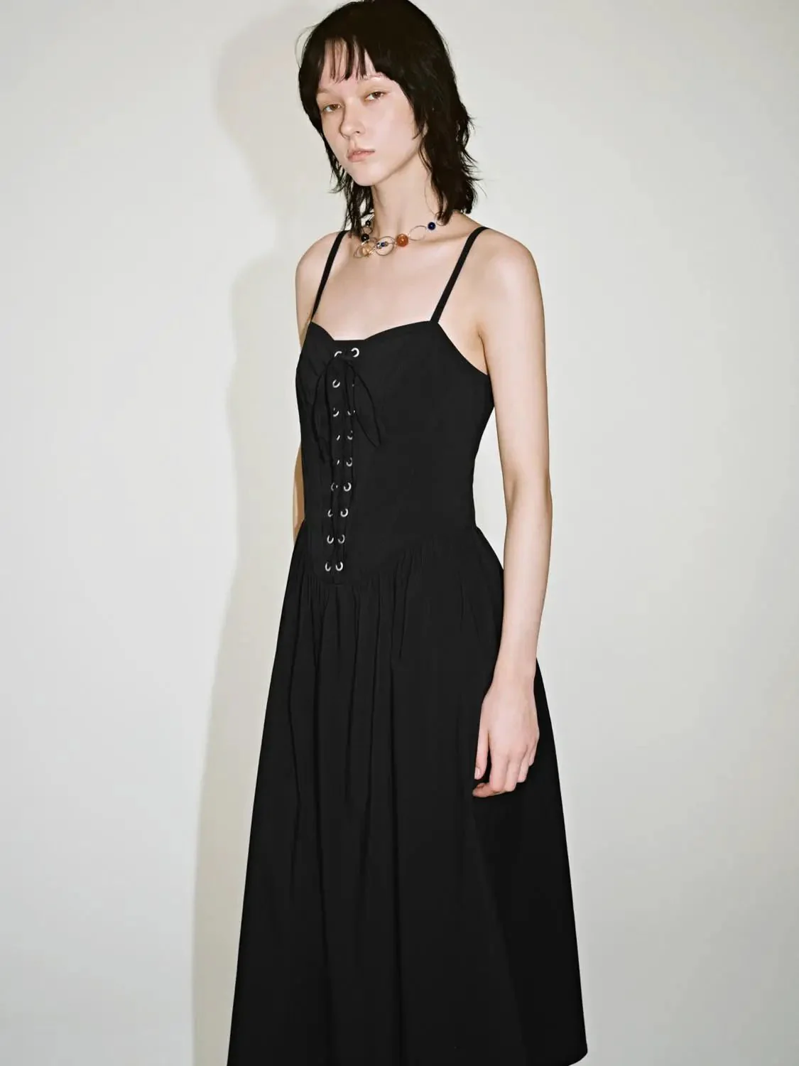 Chic Cotton Blend Lace-Up Strappy A-Line Midi Dress