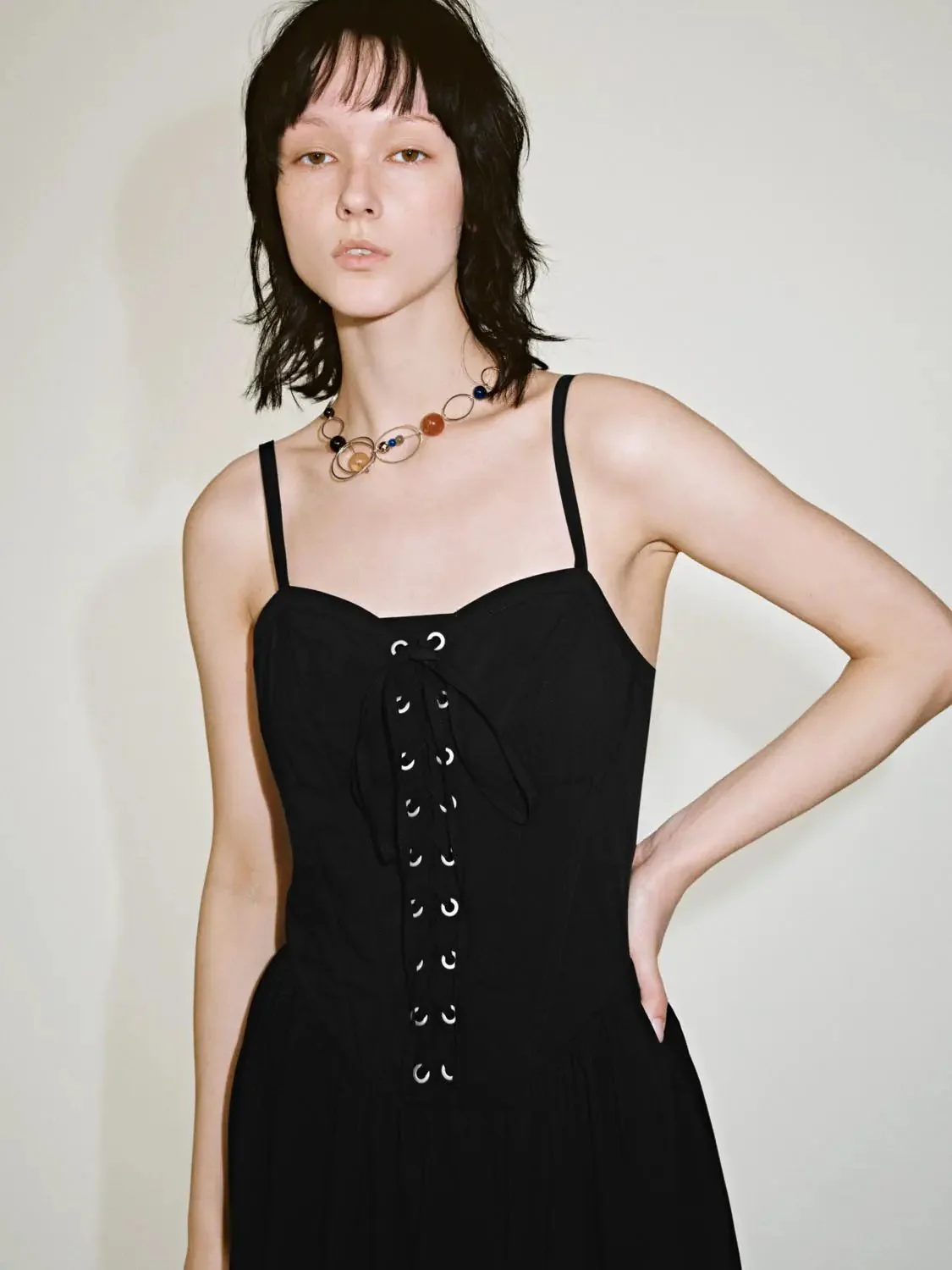 Chic Cotton Blend Lace-Up Strappy A-Line Midi Dress