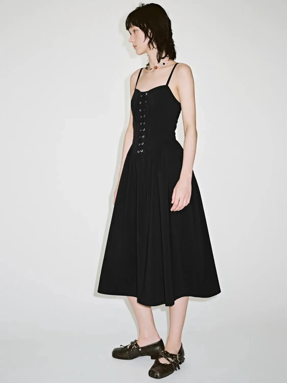 Chic Cotton Blend Lace-Up Strappy A-Line Midi Dress
