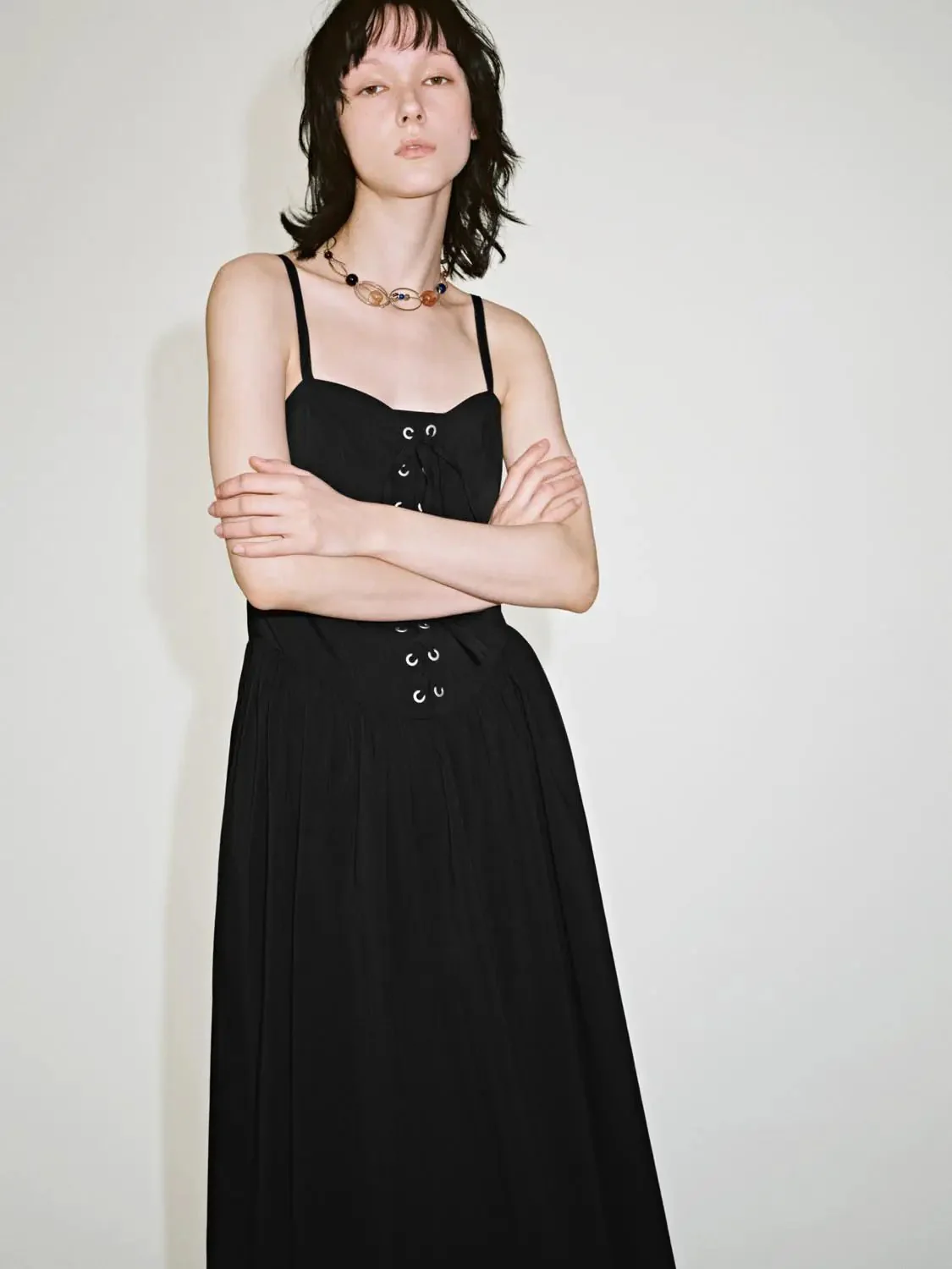 Chic Cotton Blend Lace-Up Strappy A-Line Midi Dress
