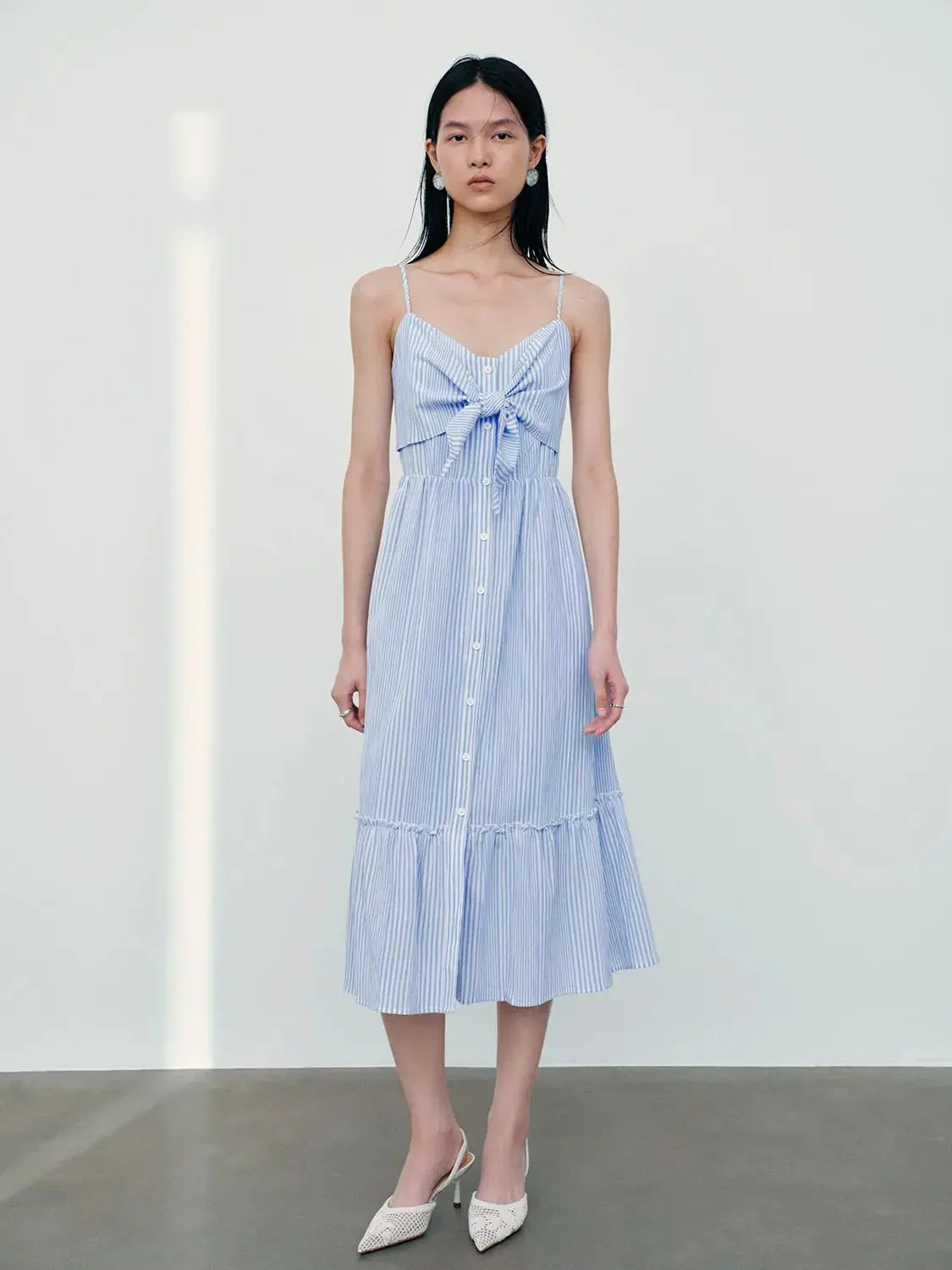 Cotton Blend Striped Bow Front A Line Midi Dresses