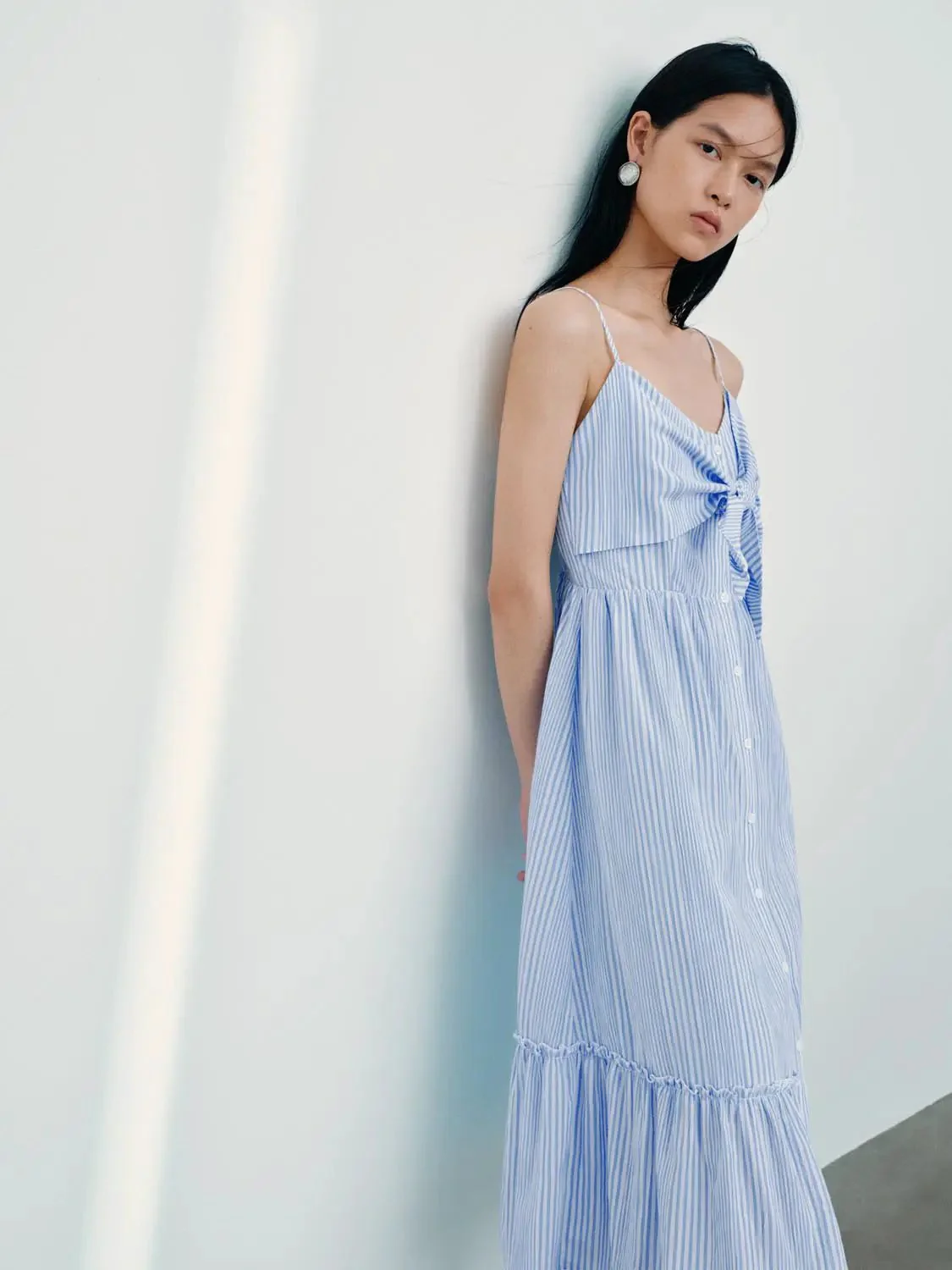 Cotton Blend Striped Bow Front A Line Midi Dresses
