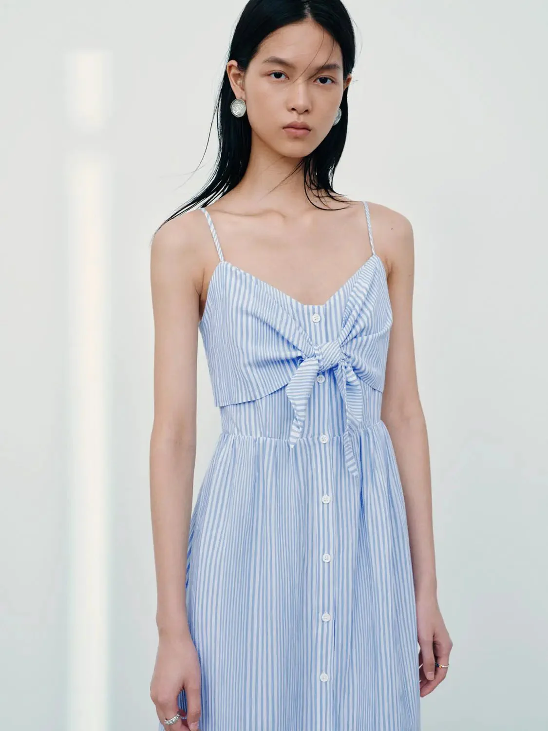 Cotton Blend Striped Bow Front A Line Midi Dresses