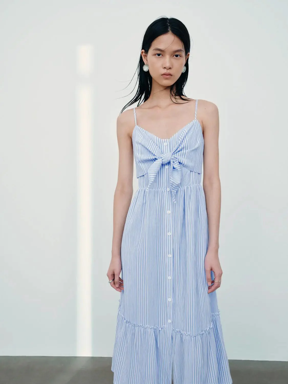 Cotton Blend Striped Bow Front A Line Midi Dresses