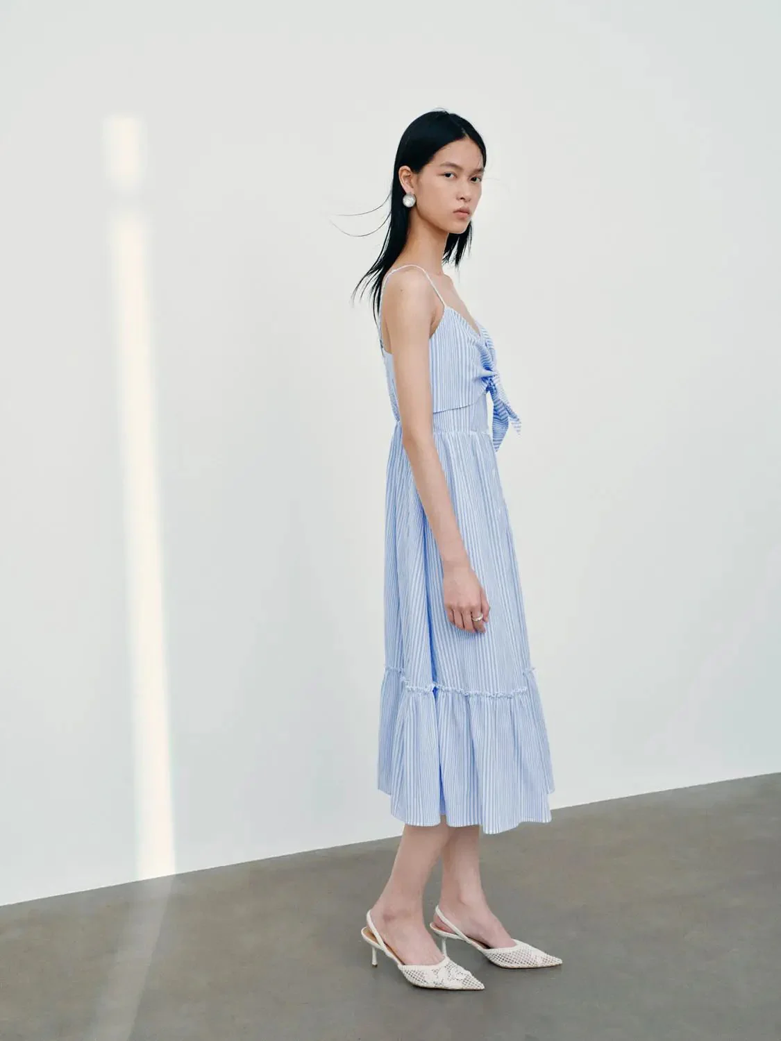 Cotton Blend Striped Bow Front A Line Midi Dresses