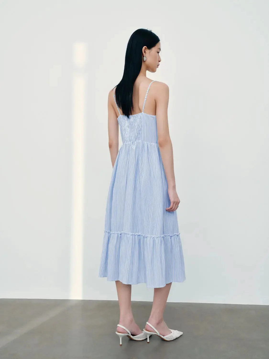 Cotton Blend Striped Bow Front A Line Midi Dresses
