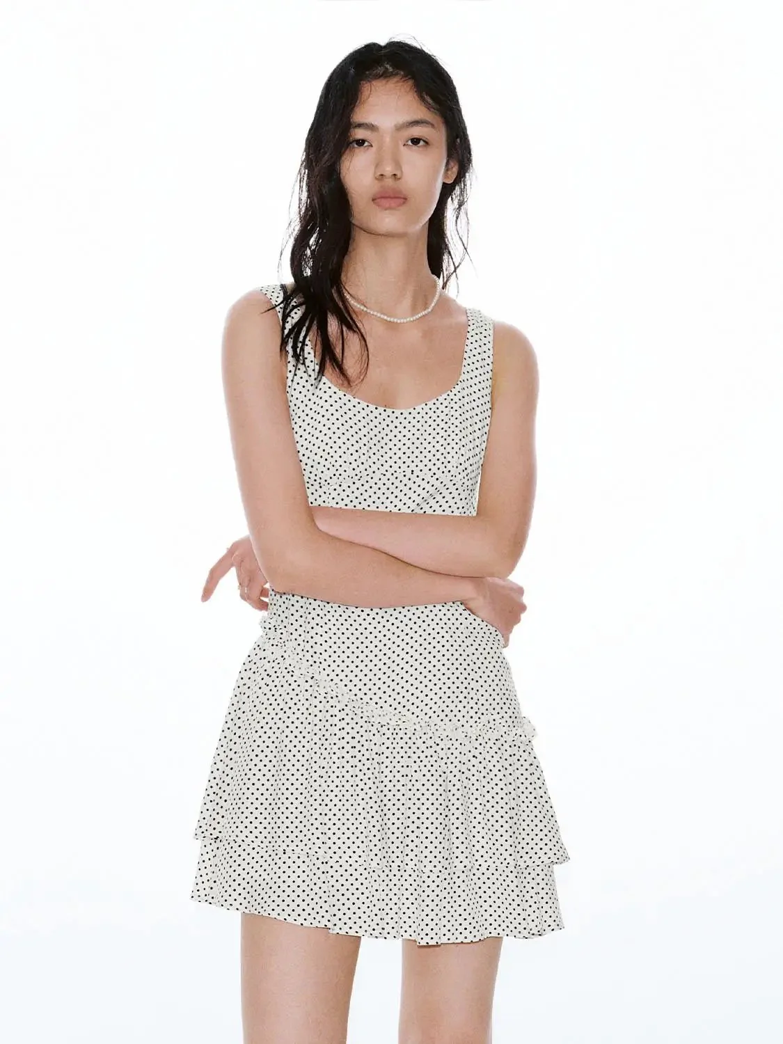 Polka Dot Viscose Strappy Ruffle Hem A Line Midi Dresses