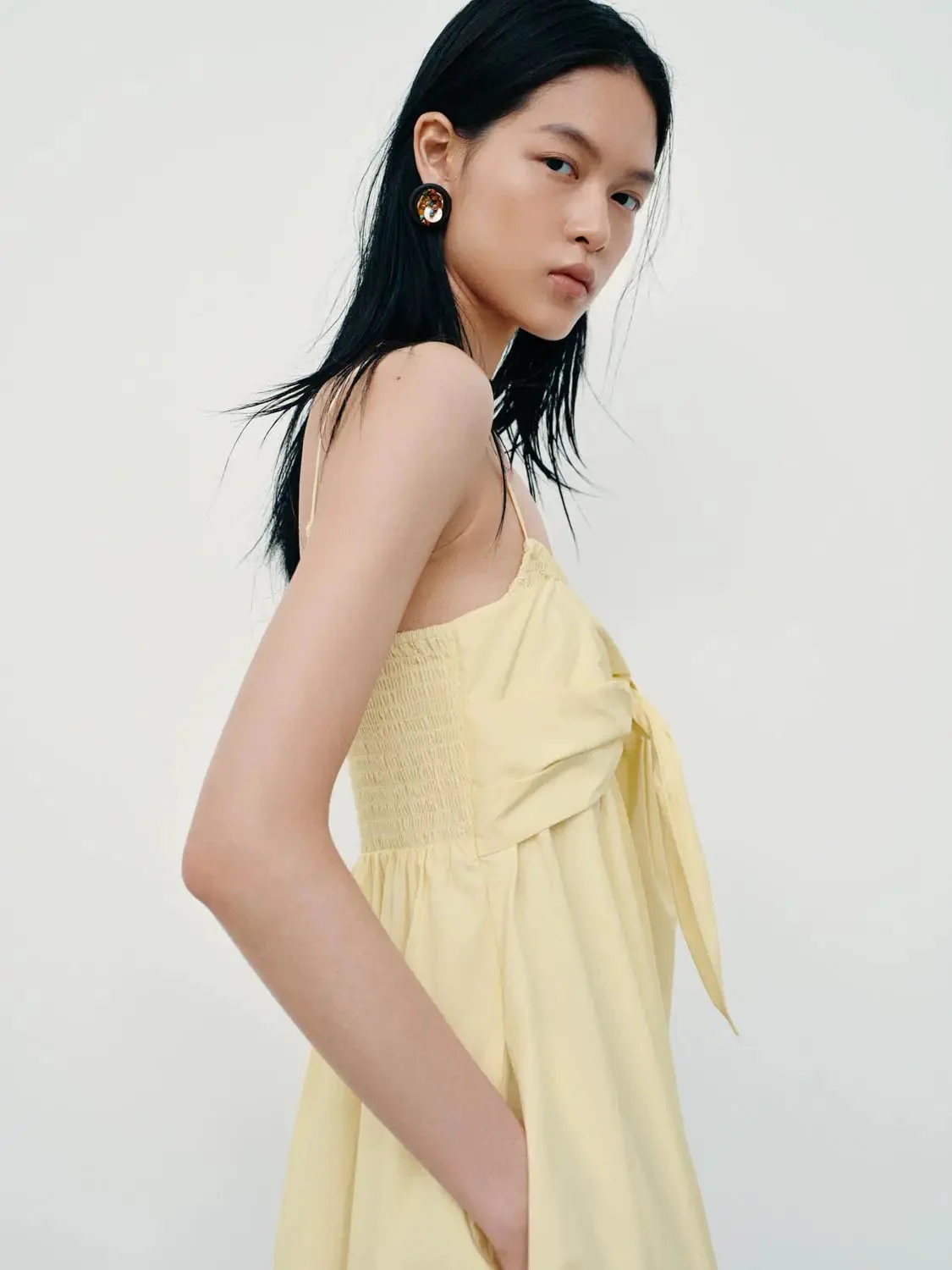 Cotton Strappy Front Tie A Line Midi Dresses