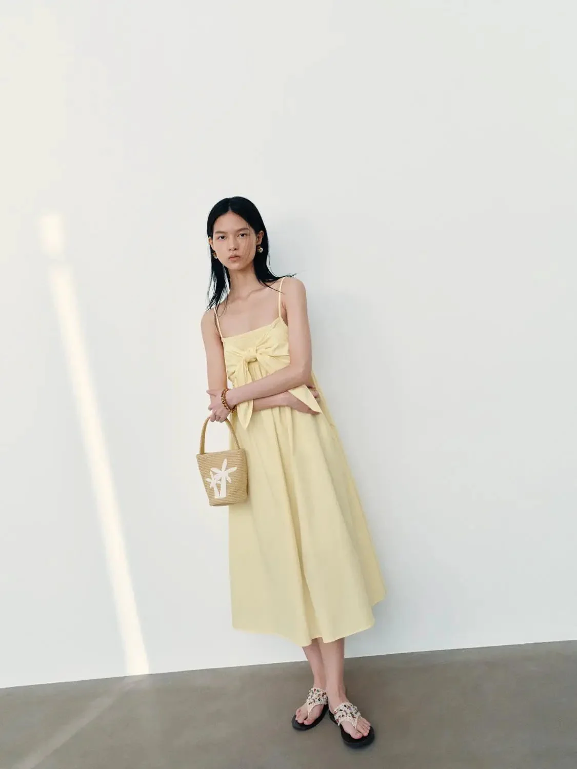 Cotton Strappy Front Tie A Line Midi Dresses