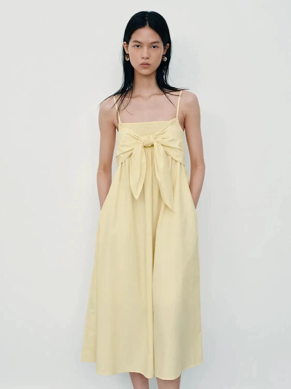 Cotton Strappy Front Tie A Line Midi Dresses
