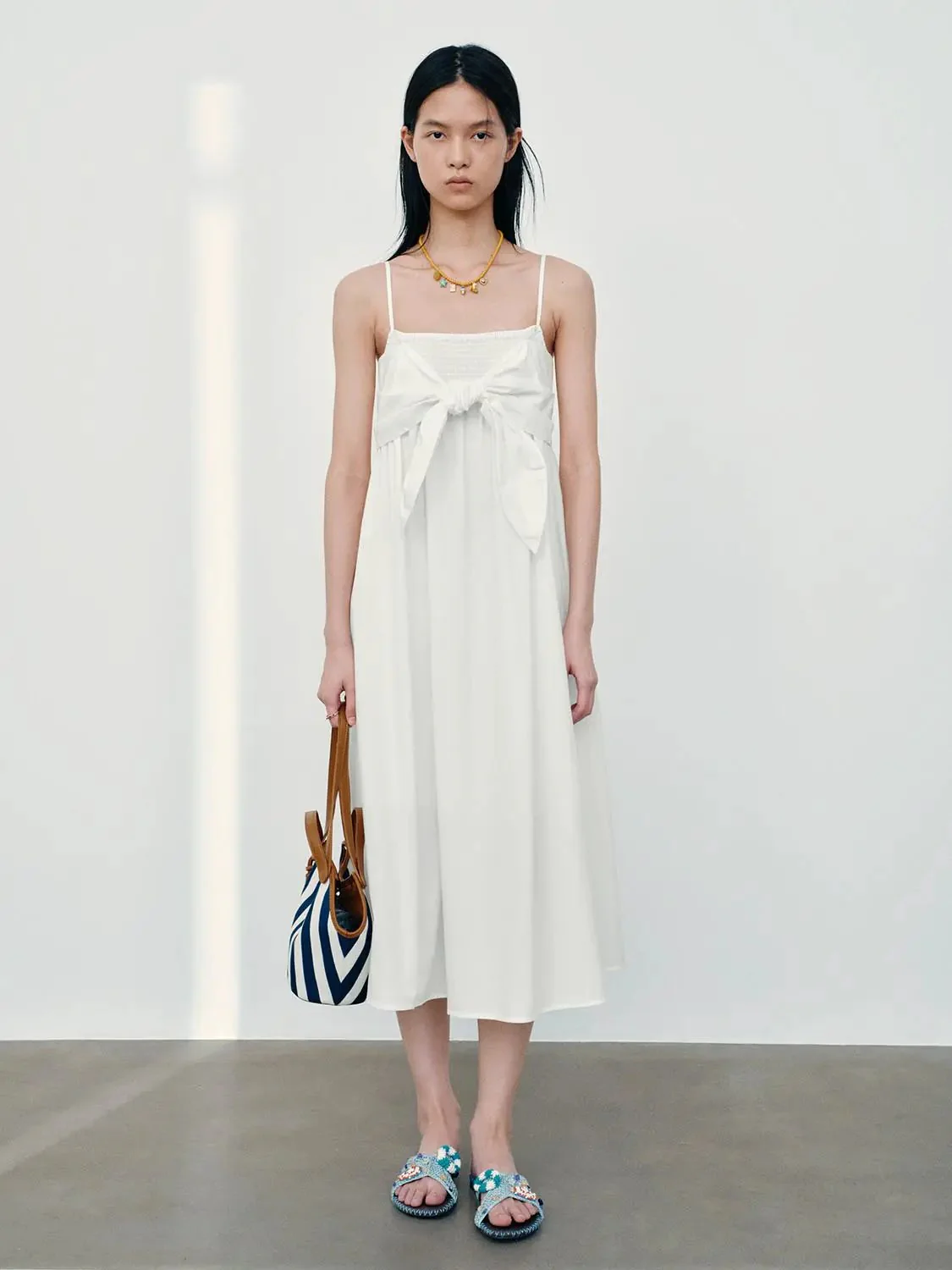 Cotton Strappy Front Tie A Line Midi Dresses