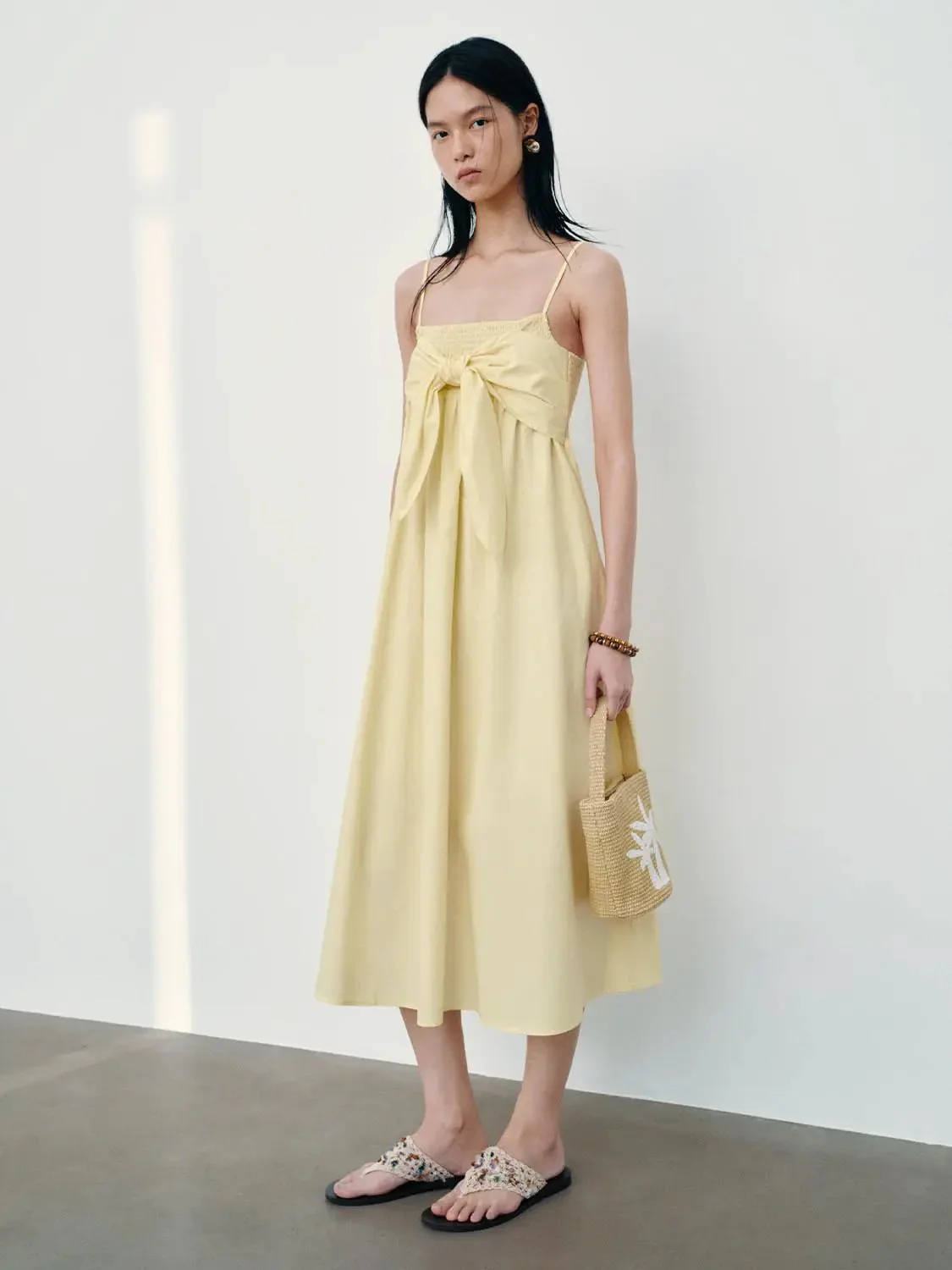 Cotton Strappy Front Tie A Line Midi Dresses