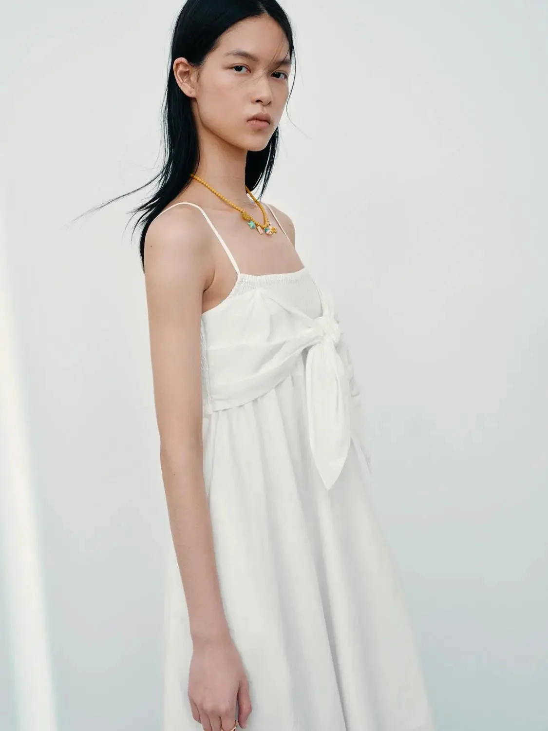 Cotton Strappy Front Tie A Line Midi Dresses