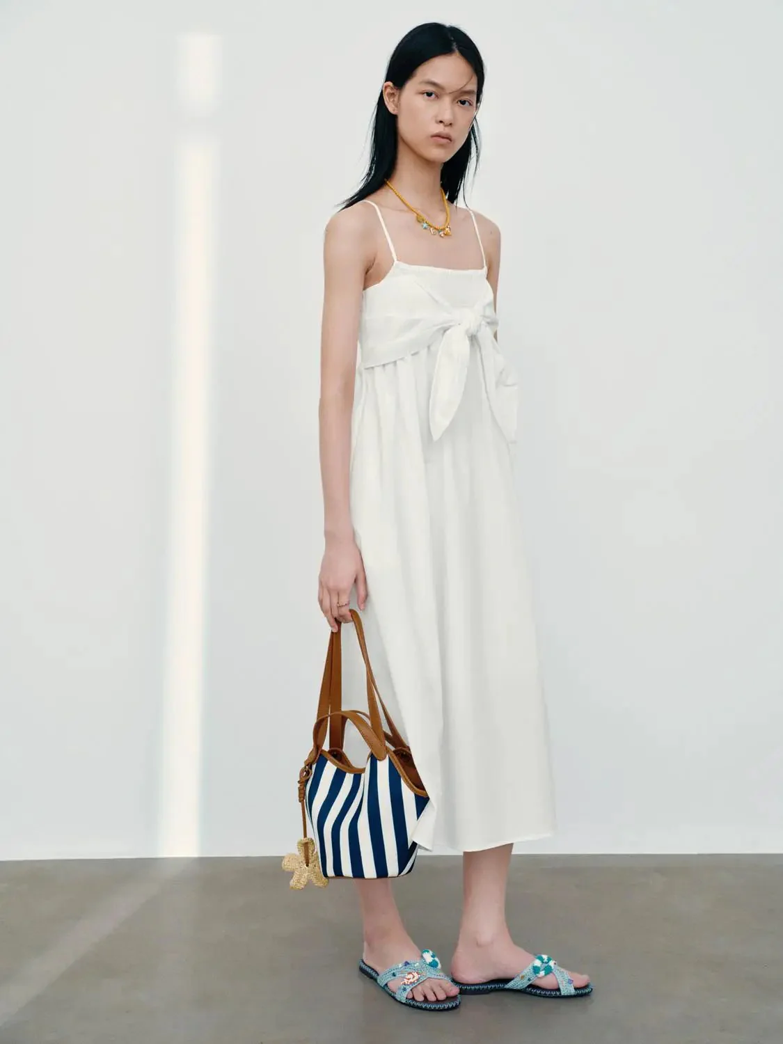 Cotton Strappy Front Tie A Line Midi Dresses