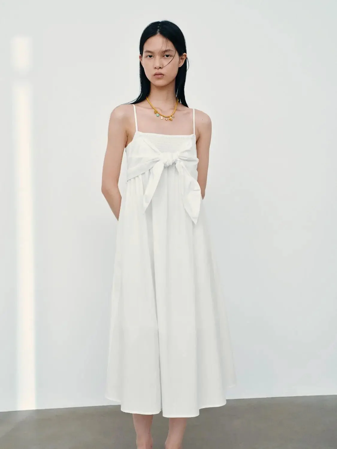 Cotton Strappy Front Tie A Line Midi Dresses