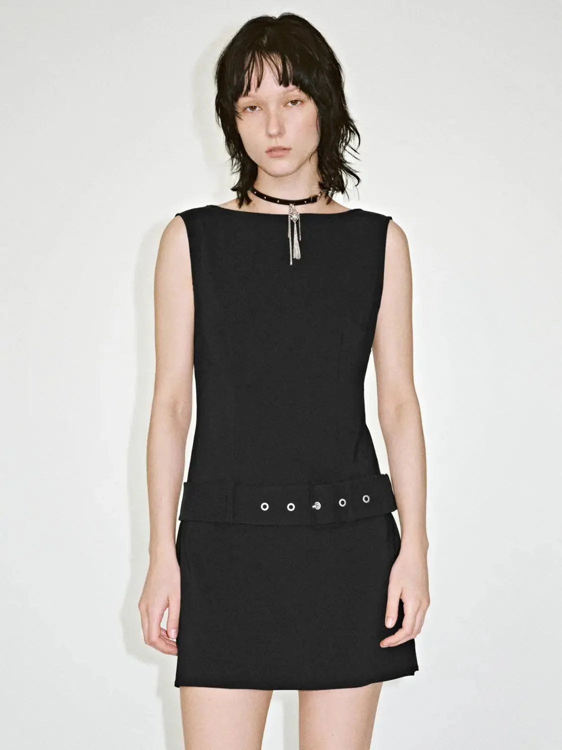 Viscose Blend Belted Boat Neck Sleeveless A-Line Midi Dresses