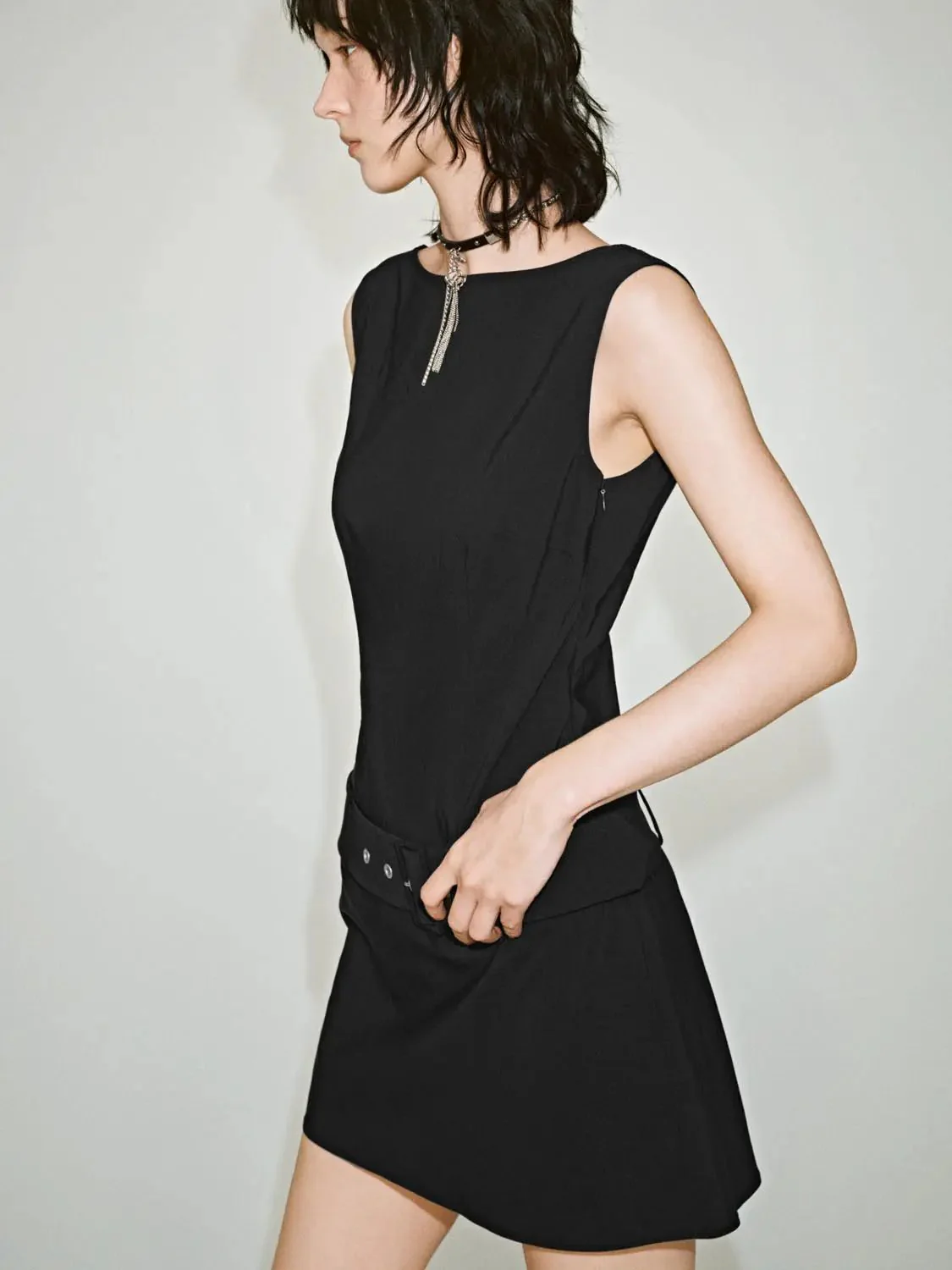Viscose Blend Belted Boat Neck Sleeveless A-Line Midi Dresses