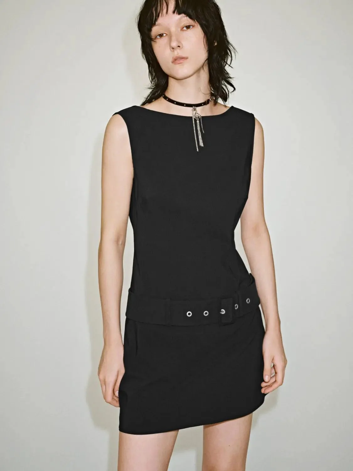 Viscose Blend Belted Boat Neck Sleeveless A-Line Midi Dresses