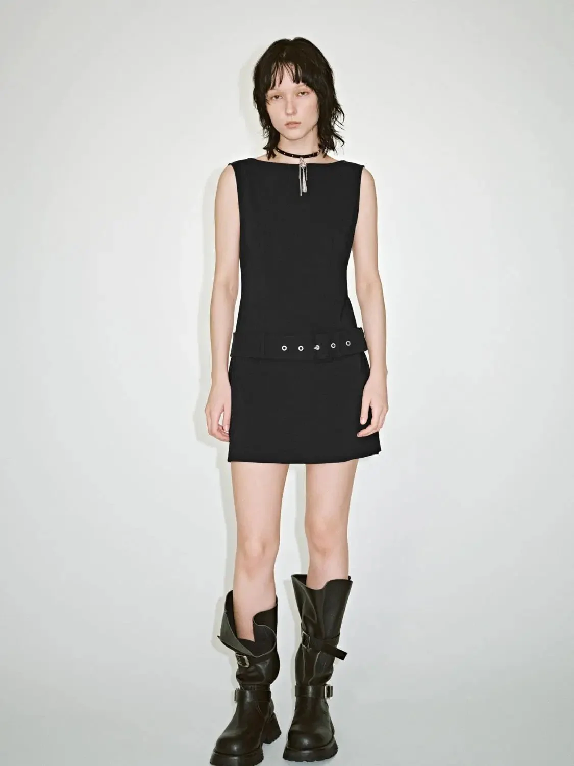 Viscose Blend Belted Boat Neck Sleeveless A-Line Midi Dresses