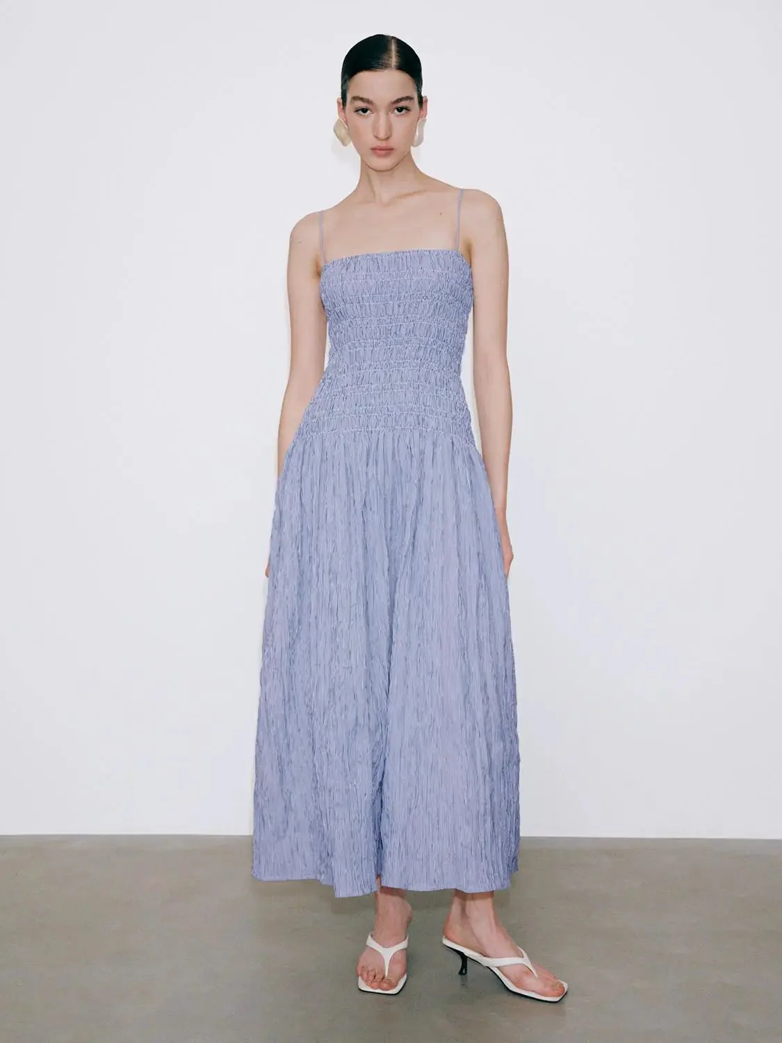 12324-strappy-shirring-detail-aline-textured-midi-dress-1.webp Strappy Shirring Detail Aline Textured Midi Dress
