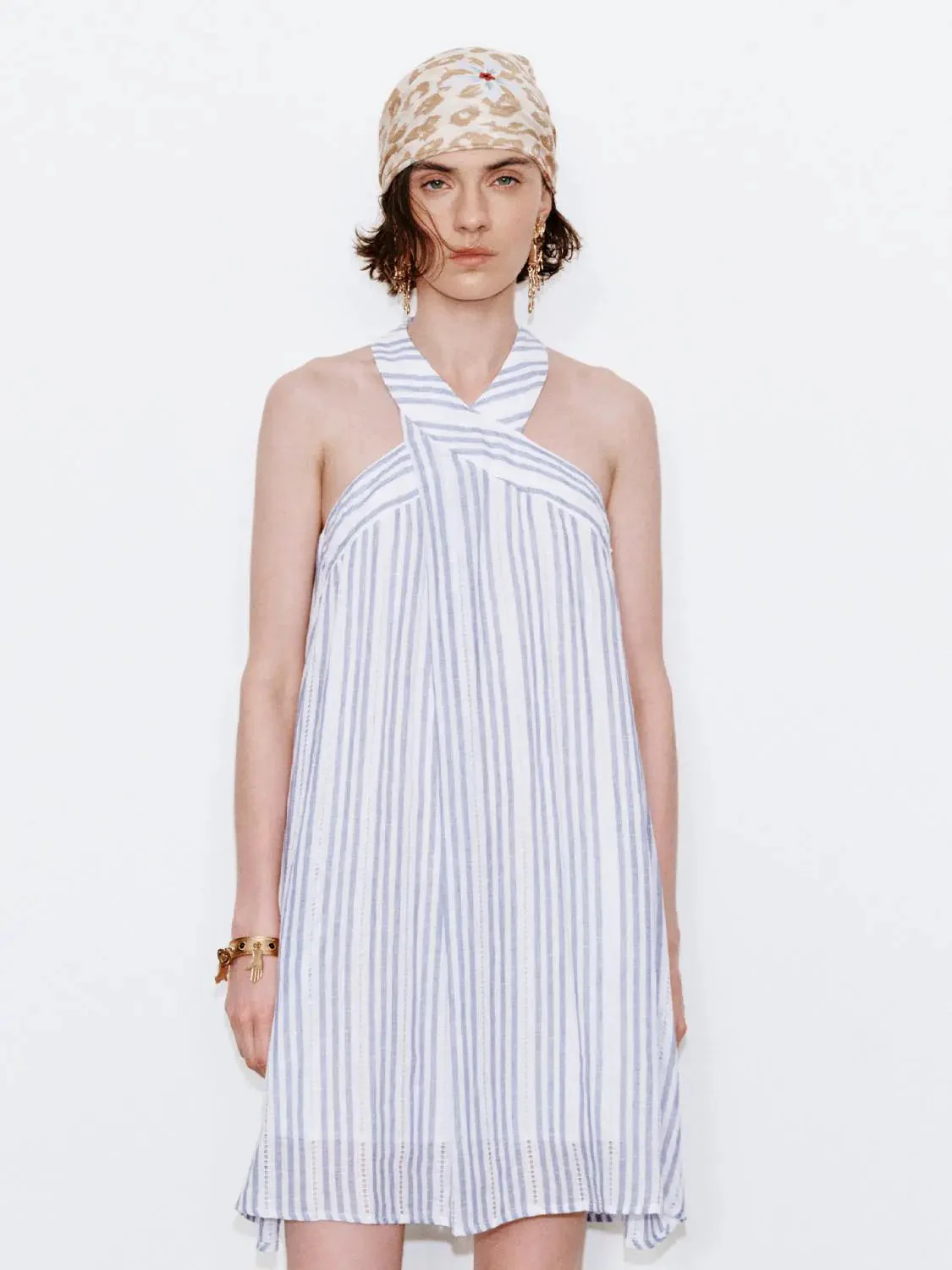 12336-linen-blend-halter-neck-striped-a-line-dresses-1.webp Linen Blend Halter Neck Striped A Line Dresses