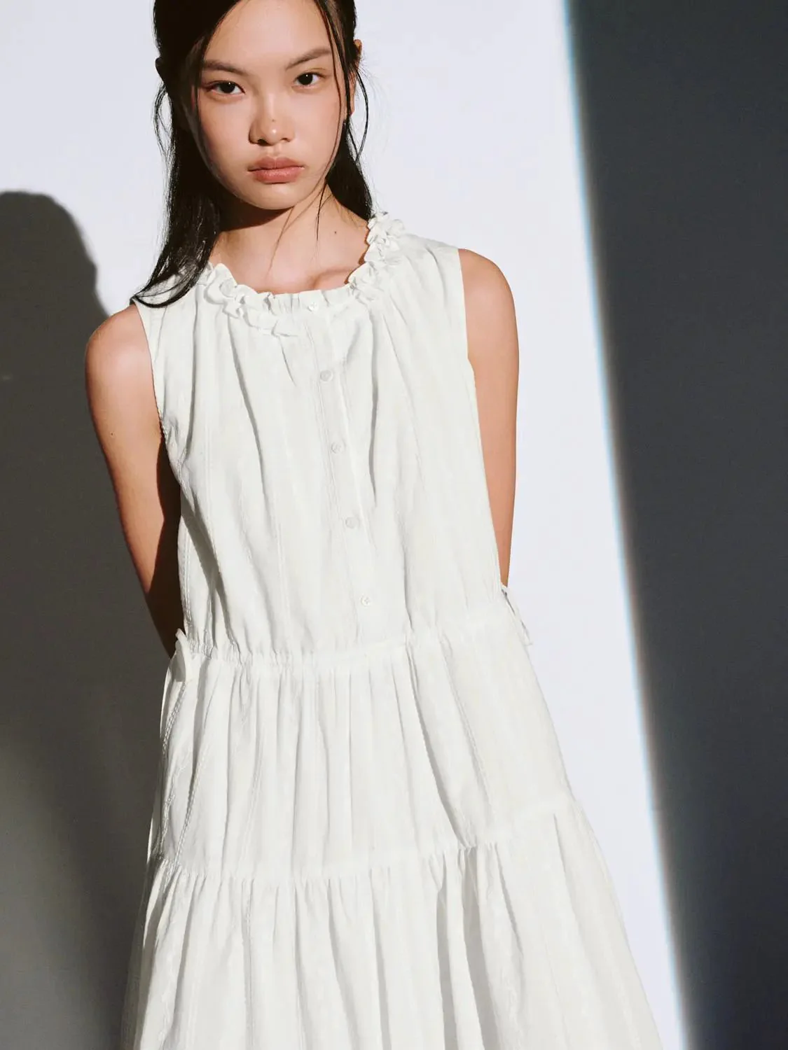 12348-cotton-frill-neck-sleeveless-tiered-a-line-midi-dresses-2.webp Cotton Frill Neck Sleeveless Tiered A Line Midi Dresses