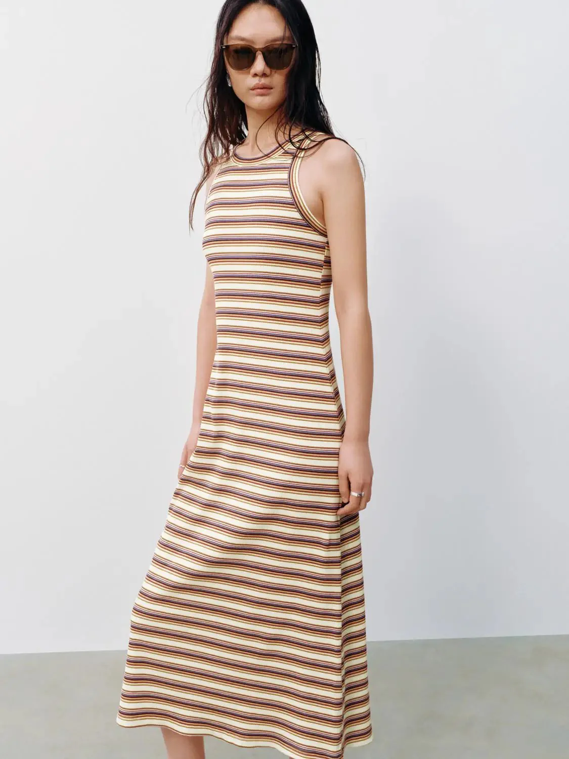 Cotton Striped Sleeveless A-Line Midi Dresses