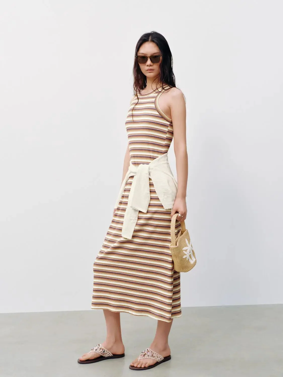 Cotton Striped Sleeveless A-Line Midi Dresses