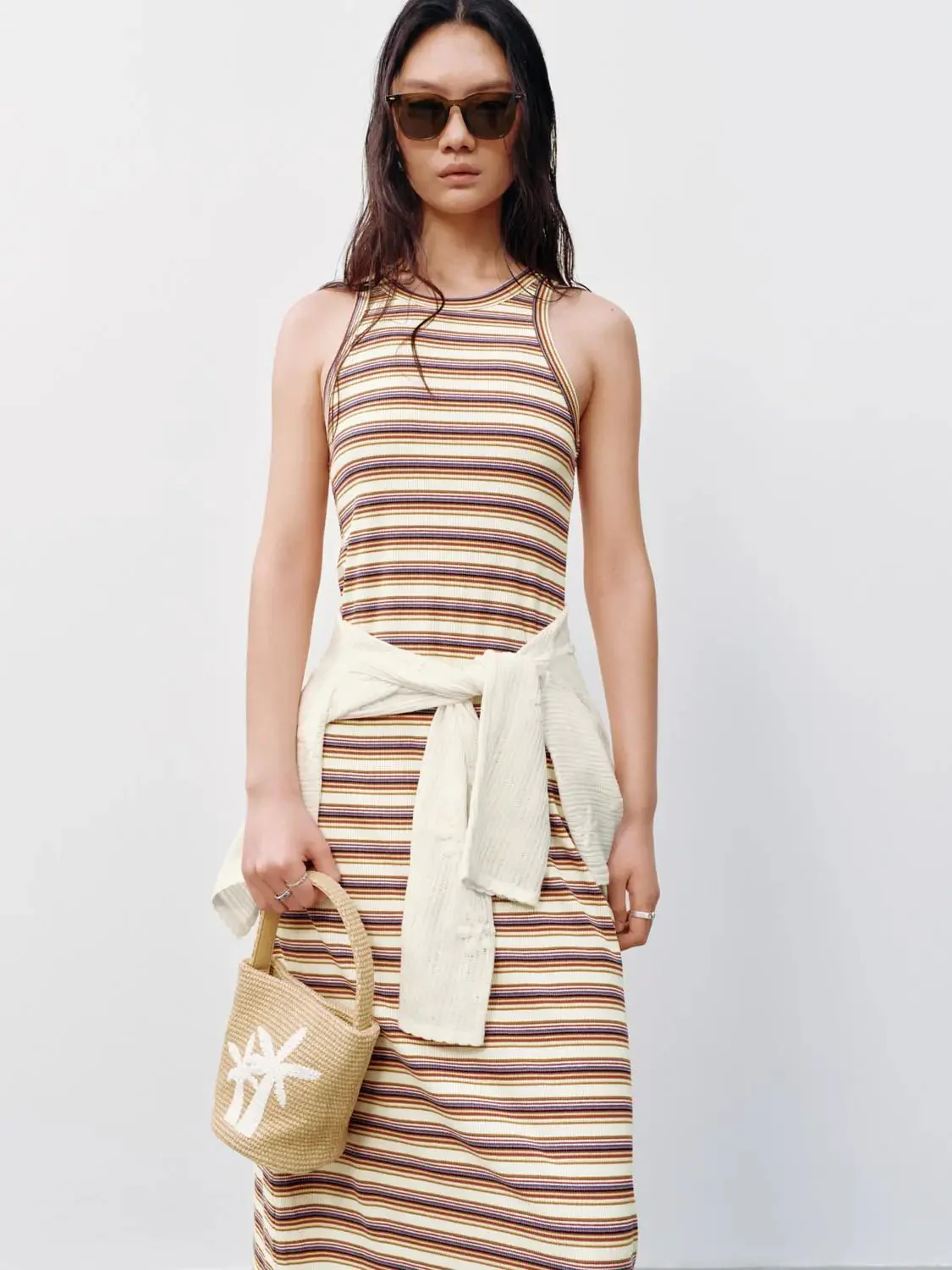Cotton Striped Sleeveless A-Line Midi Dresses