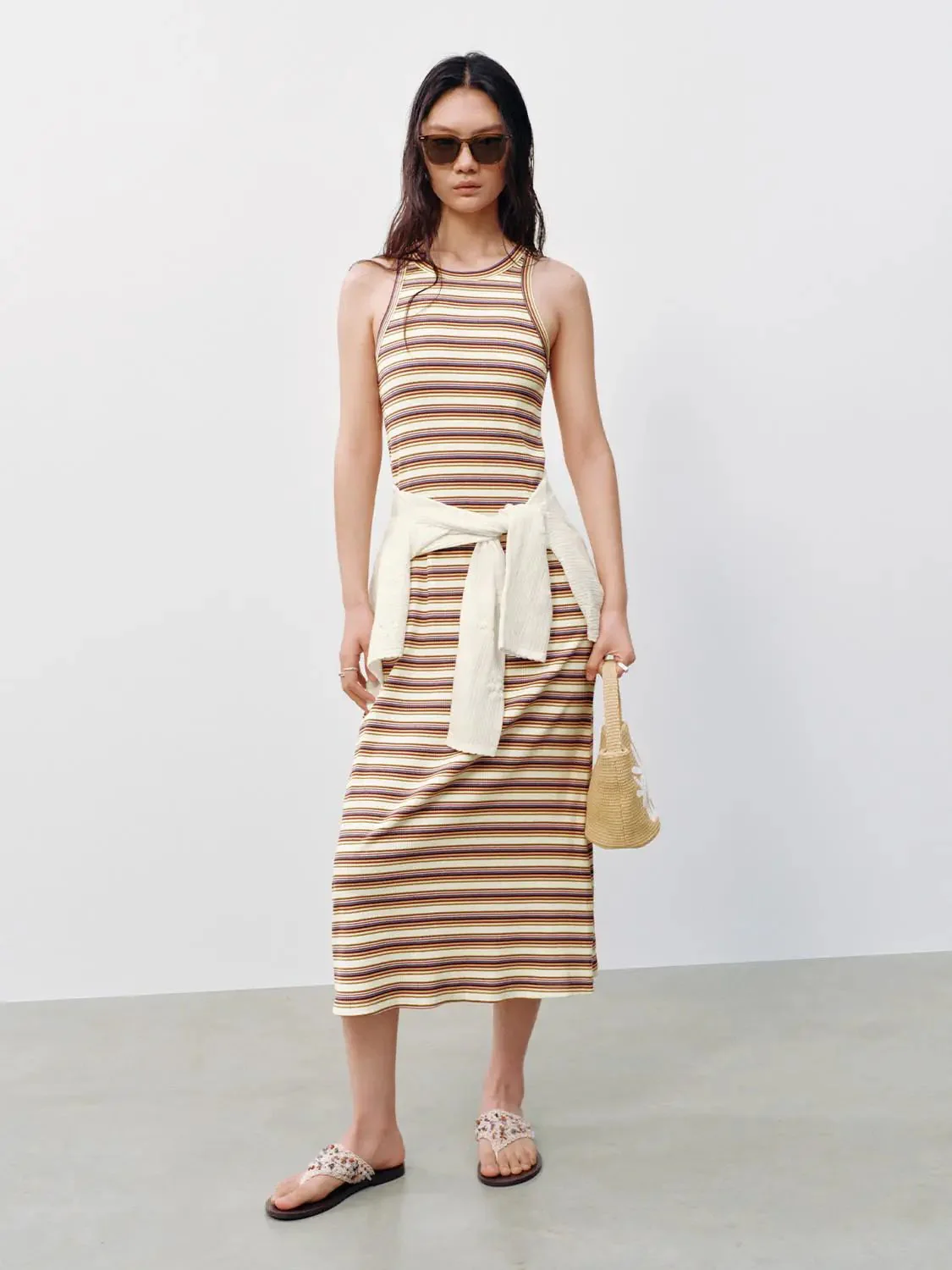 Cotton Striped Sleeveless A-Line Midi Dresses