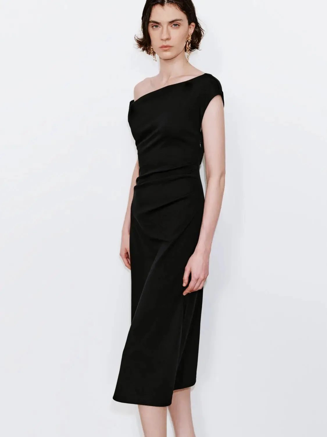 12378-cotton-lyocell-wool-blend-asymmetric-ruched-midi-dress-2.webp Cotton Lyocell Wool Blend Asymmetric Ruched Midi Dress