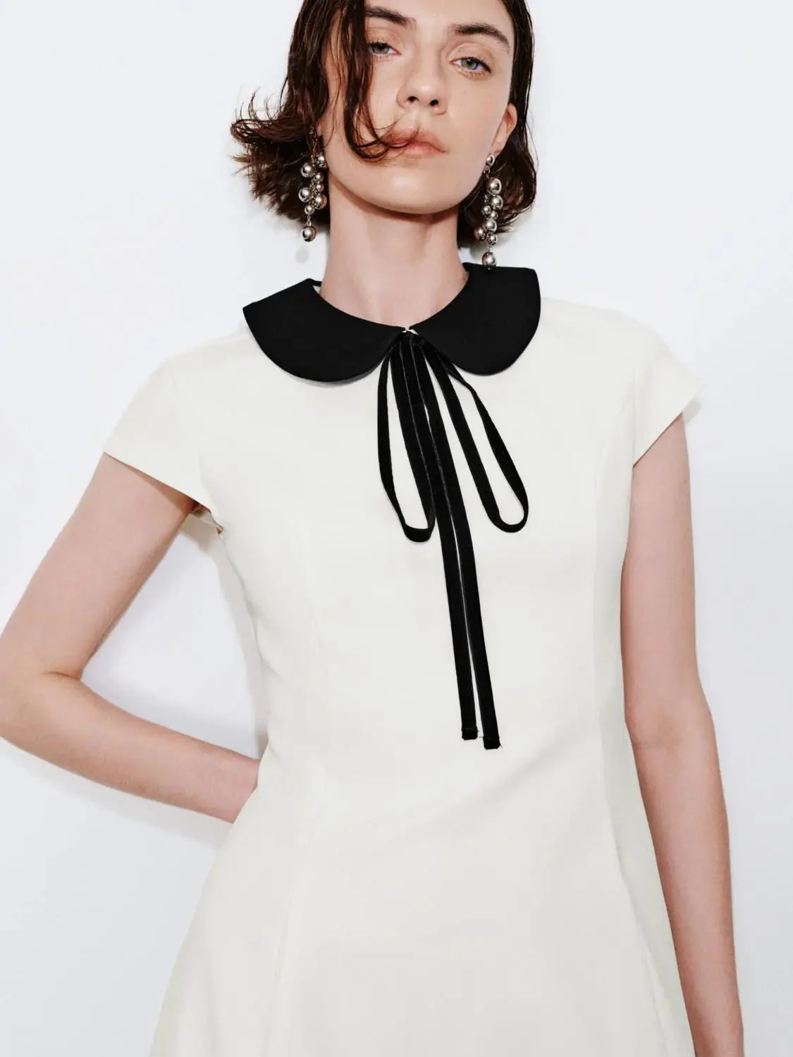 Contrast Collar Seamed Nipped Waist A-Line Midi Dress