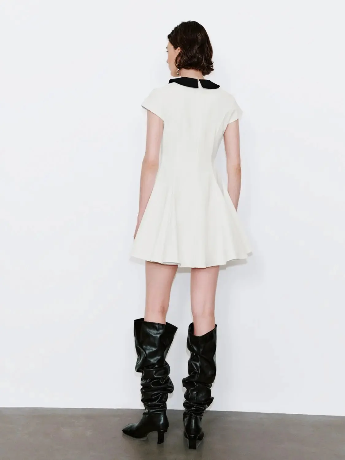 Contrast Collar Seamed Nipped Waist A-Line Midi Dress