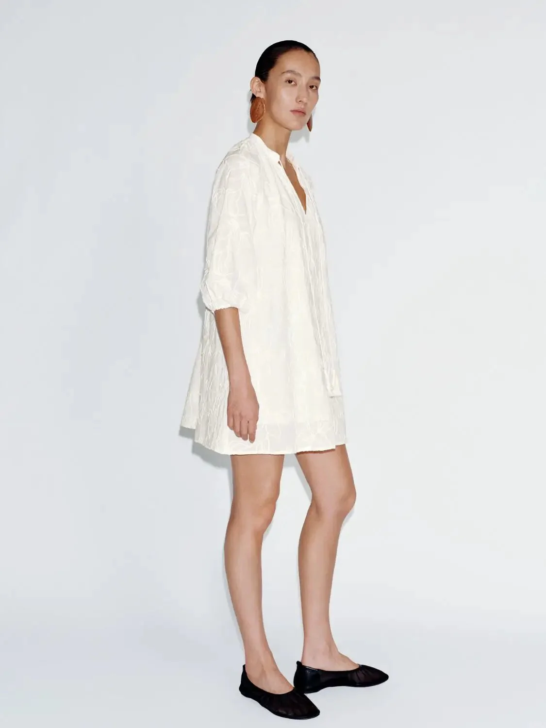 Floral Embroidered Tassel Detail Cotton A Line Dress