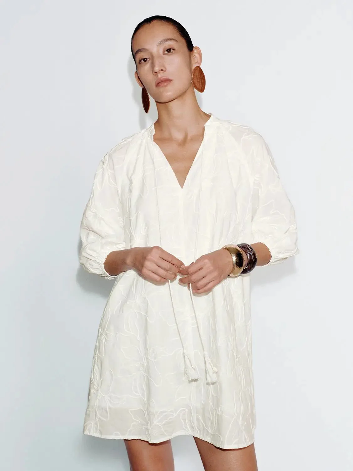 Floral Embroidered Tassel Detail Cotton A Line Dress