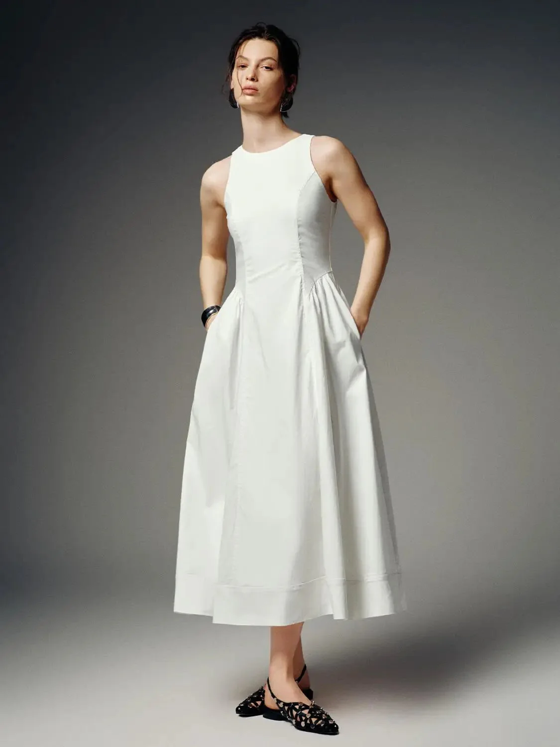 Linen Blend Sleeveless Seamed A-Line Midi Dresses