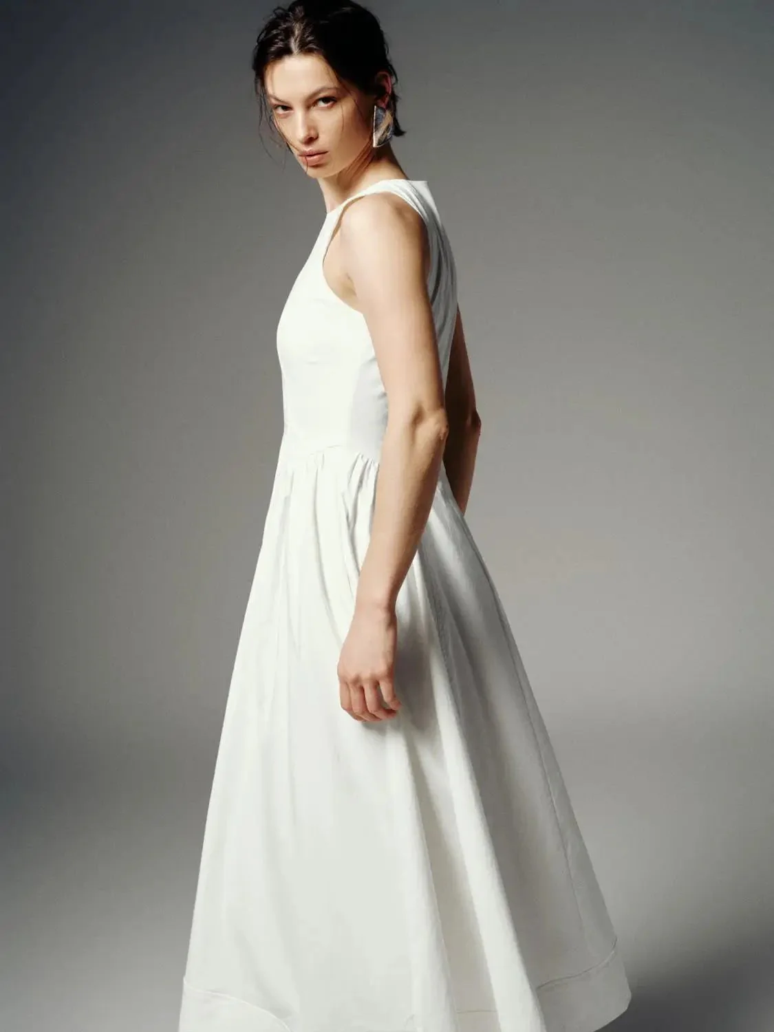 Linen Blend Sleeveless Seamed A-Line Midi Dresses