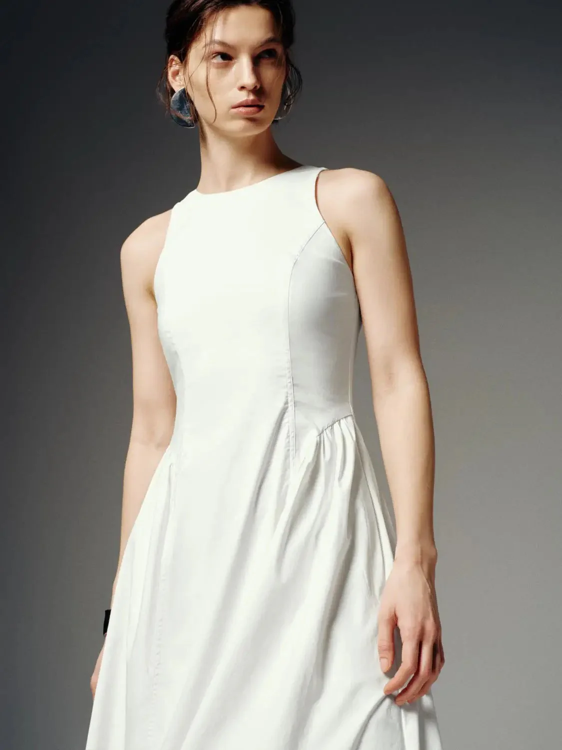 Linen Blend Sleeveless Seamed A-Line Midi Dresses