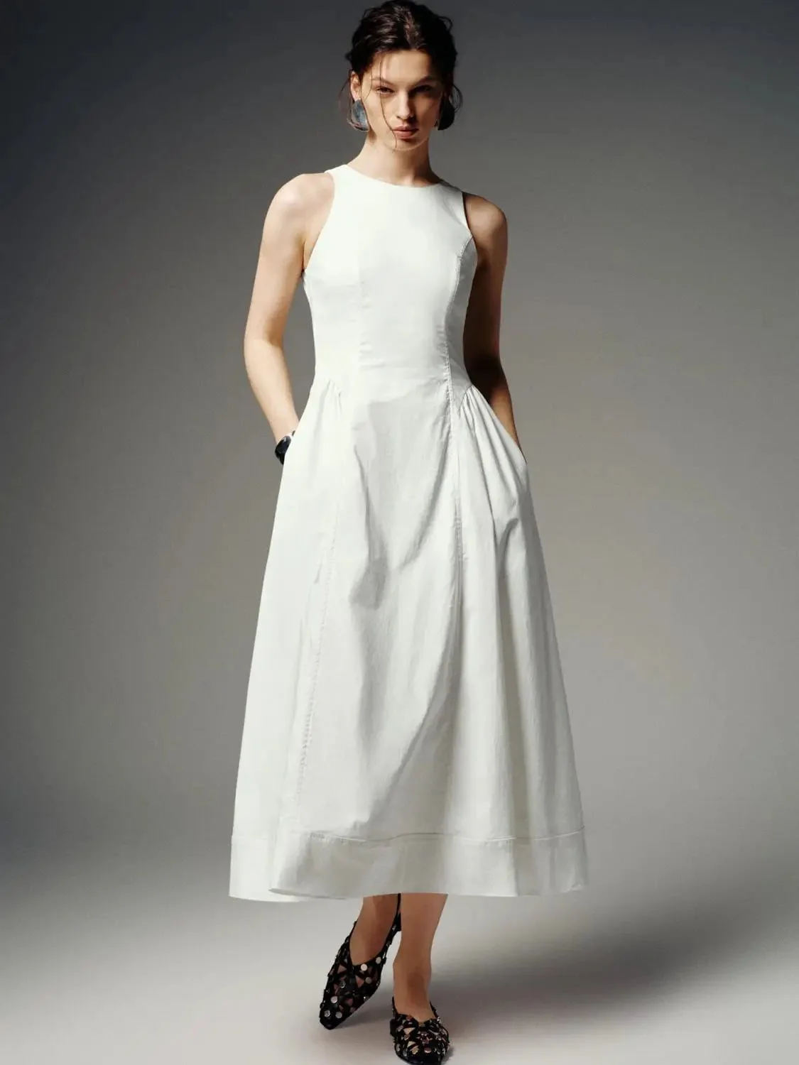 Linen Blend Sleeveless Seamed A-Line Midi Dresses