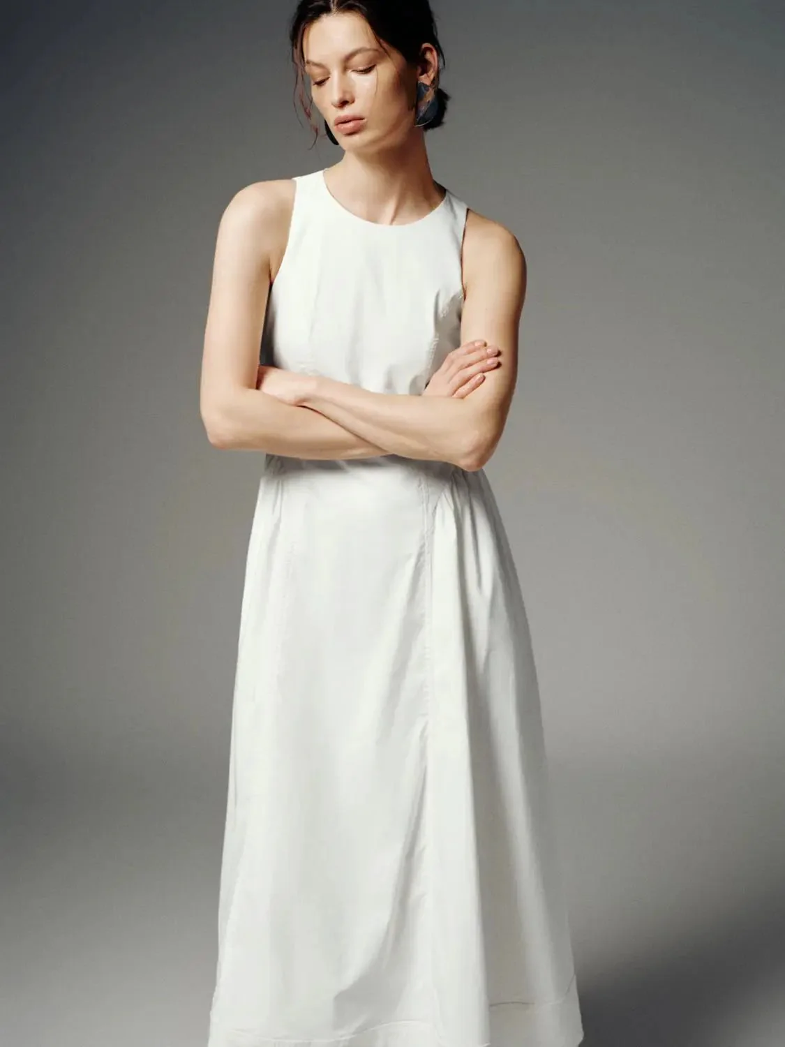 Linen Blend Sleeveless Seamed A-Line Midi Dresses