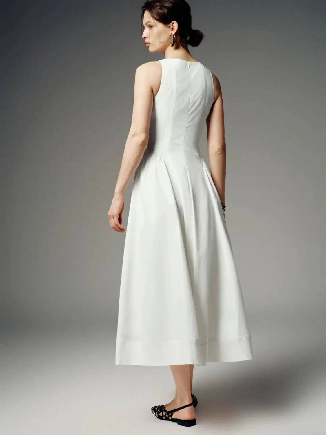 Linen Blend Sleeveless Seamed A-Line Midi Dresses