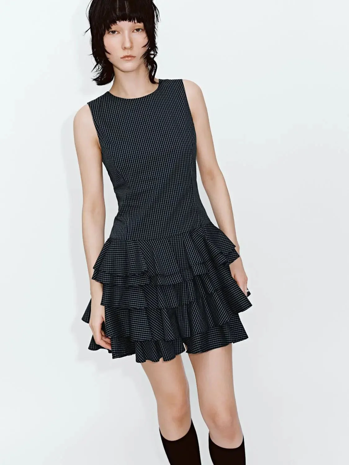 Cotton Blend Checkered Tiered Pleated Mini Dress