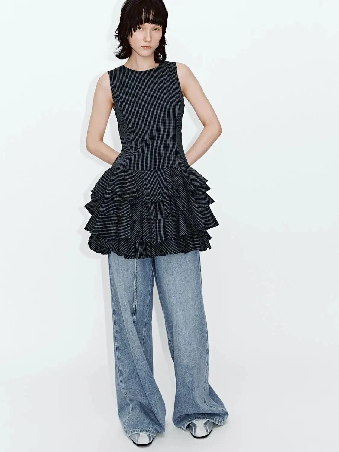 Cotton Blend Checkered Tiered Pleated Mini Dress
