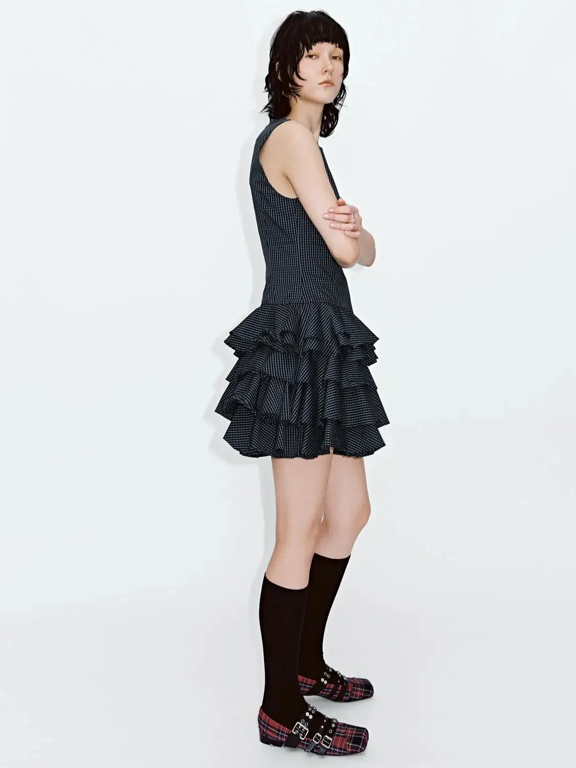 Cotton Blend Checkered Tiered Pleated Mini Dress
