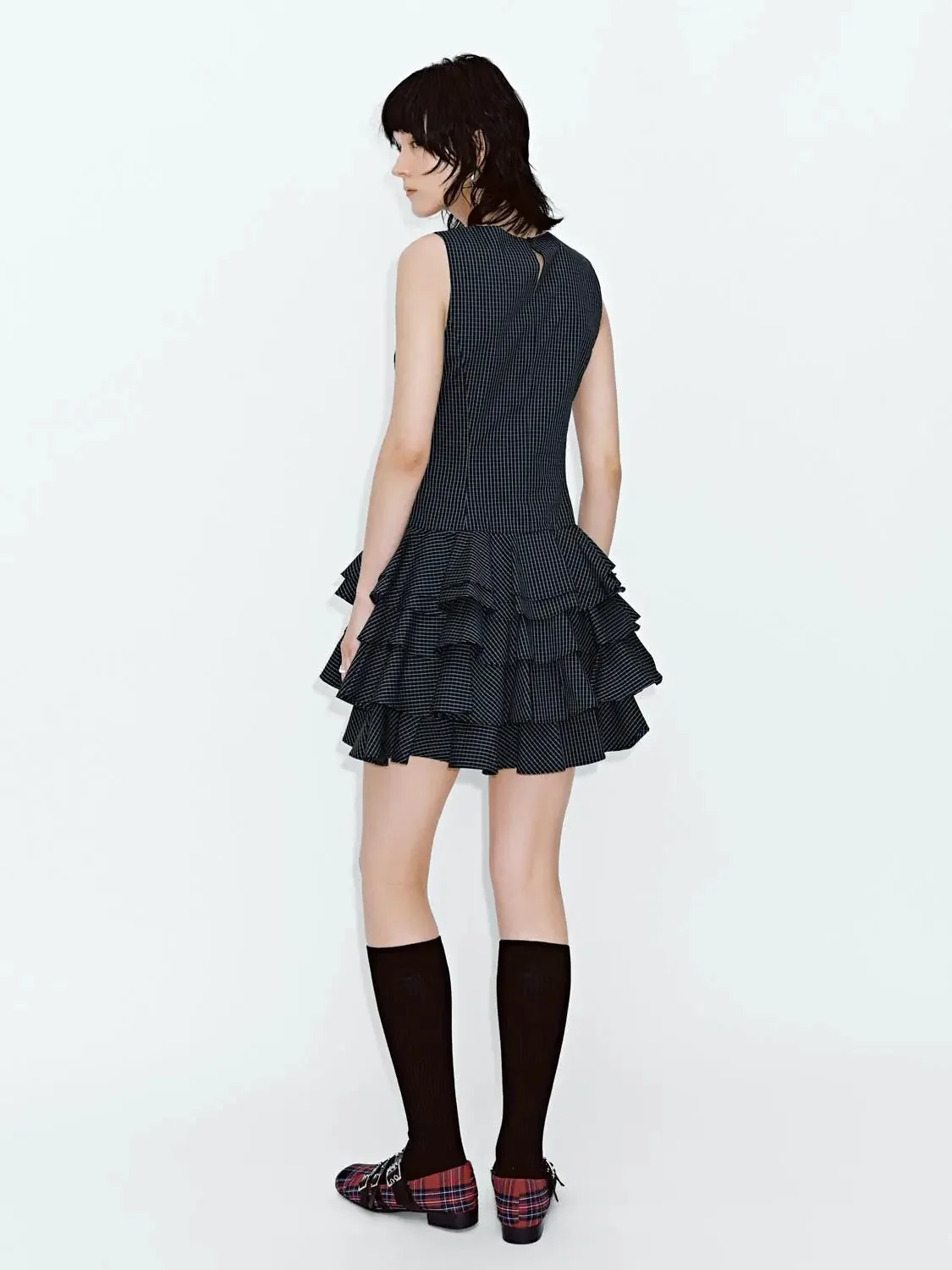 Cotton Blend Checkered Tiered Pleated Mini Dress
