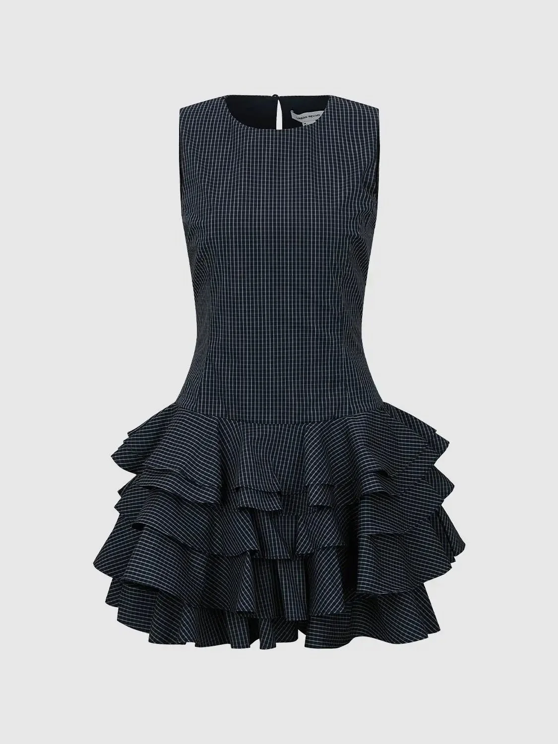 Cotton Blend Checkered Tiered Pleated Mini Dress