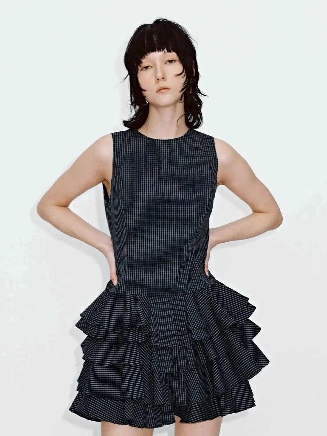 Cotton Blend Checkered Tiered Pleated Mini Dress